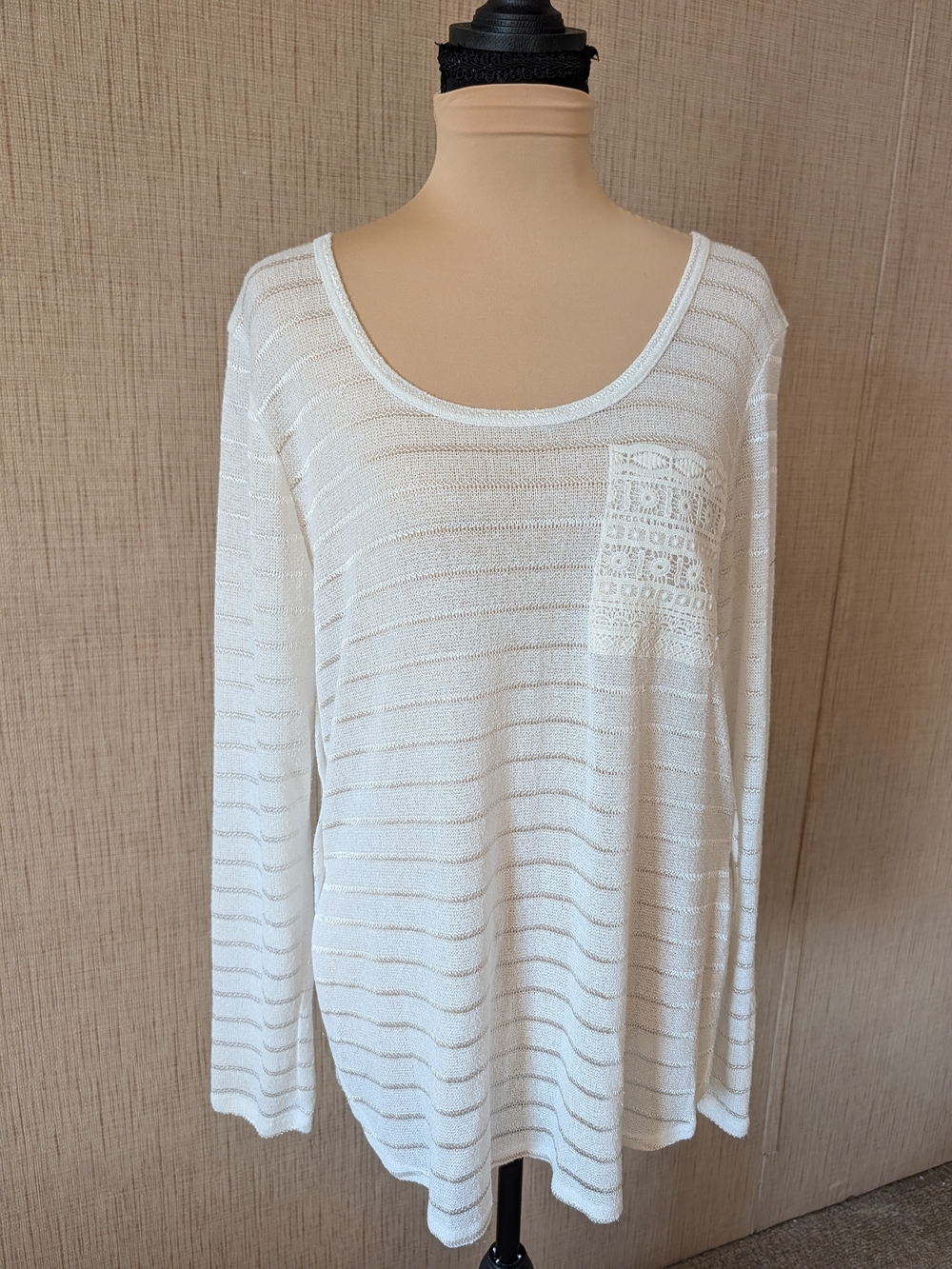 Red Camel Cream Long Sleeve Knit Top with Crochet Back Detail And Pocket